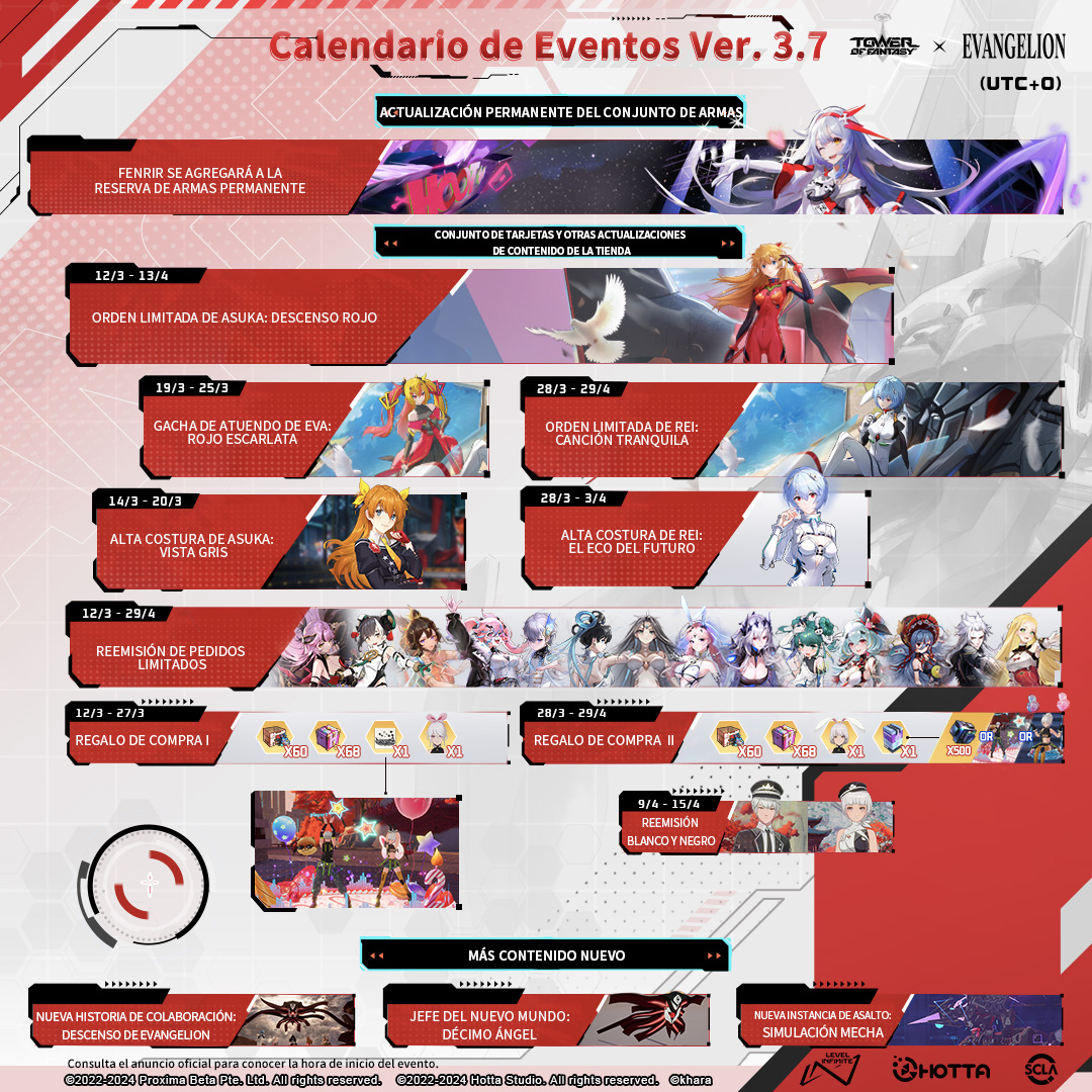ToF_ES_OFICIAL's tweet photo. ¡Los eventos temáticos #Evangelion con increíbles recompensas ya casi están aquí!🤖

⬇️¡Consulta el calendario de eventos detallado!🗓️

🔧Hora de mantenimiento programada: 22:50, 12 de marzo ~ 4:00, 12 de marzo (EDT)

▷ Más detalles: https://t.co/L47al4dIrB

#ToF https://t.co/2f39441EFb