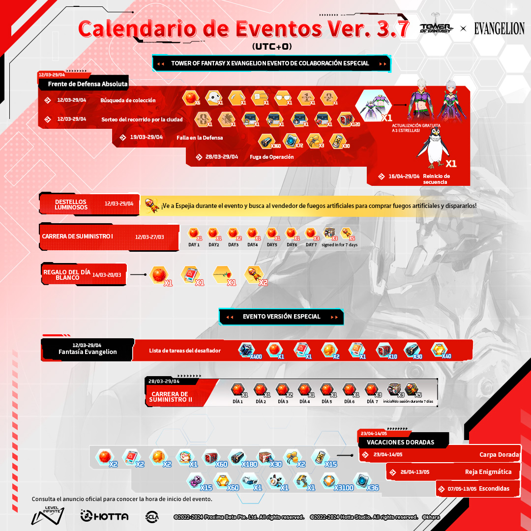 ToF_ES_OFICIAL's tweet photo. ¡Los eventos temáticos #Evangelion con increíbles recompensas ya casi están aquí!🤖

⬇️¡Consulta el calendario de eventos detallado!🗓️

🔧Hora de mantenimiento programada: 22:50, 12 de marzo ~ 4:00, 12 de marzo (EDT)

▷ Más detalles: https://t.co/L47al4dIrB

#ToF https://t.co/2f39441EFb