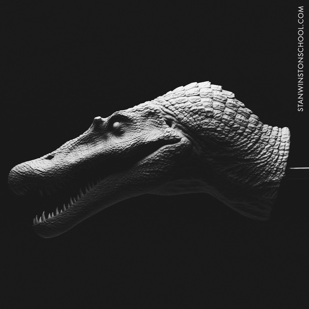 A small scale head sculpture of the Spinosaurus as created by Stan Winston Studios for Jurassic Park 3. #JurassicPark
