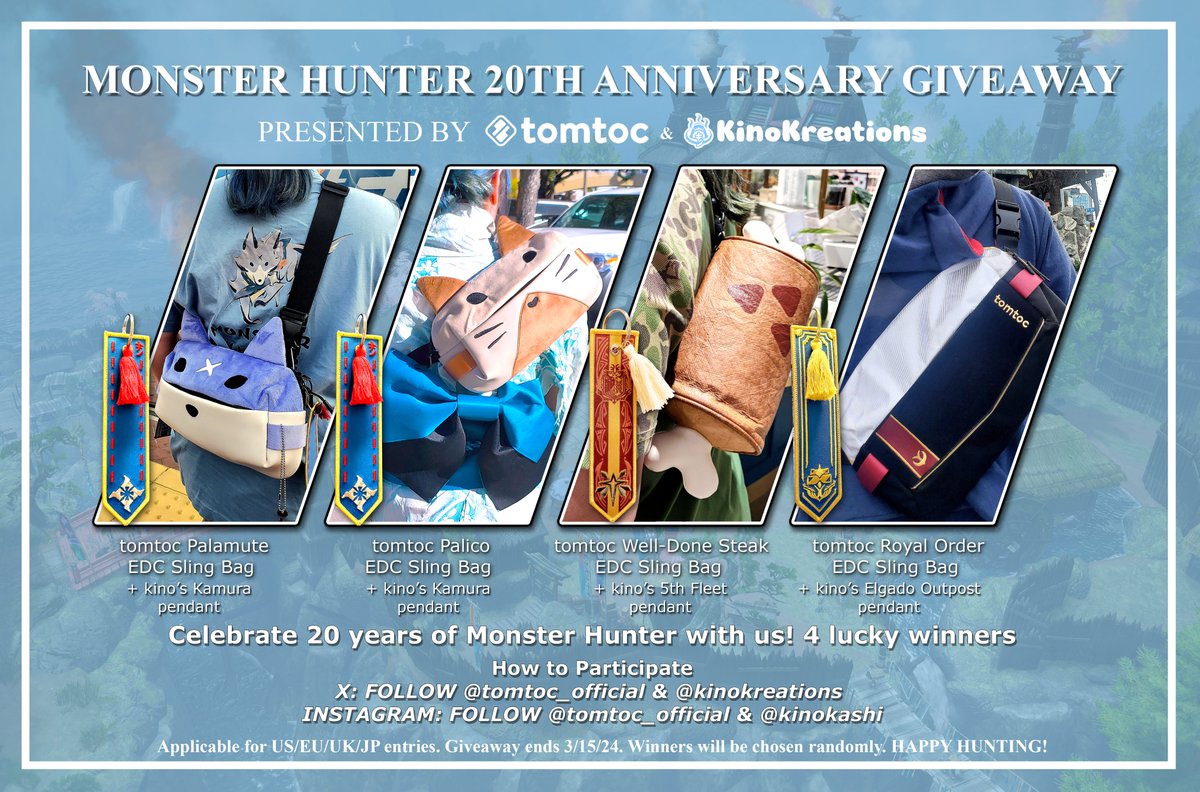 Celebrate 20 years of #MonsterHunter #MH20th with us! 🍖 We're working together with @tomtoc_official to bring 4 lucky winners an OFFICIAL MH x Tomtoc Sling Bag! Here's how you can join in the fun~ - Must follow @tomtoc_official & @KinoKreations - RT/Like the post~! GLHF!