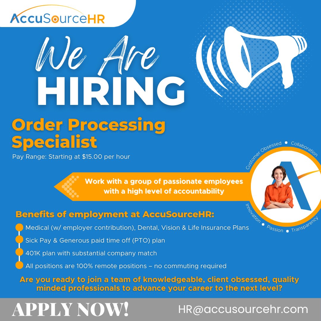 Join our Team! - AccuSourceHR currently has an opening for a Full-Time, Remote, Order Processing Specialist. We offer competitive compensation and benefits. Contact us for more information. bit.ly/4a2nc8j #hiring #jobposting #applytoday