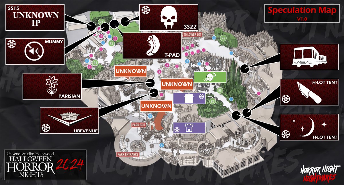 HNNightmares's tweet image. Welcome to #HHN Season! We see your excitement! This is for YOU, the FANS, from FANS! We've been doing this a LONG time for FUN! Here is V1 of our Speculation Maps! #HHN33 #HHN2024 #BeAFAN

🚨This is based on CURRENT SPECULATION and WILL CHANGE! 🚨