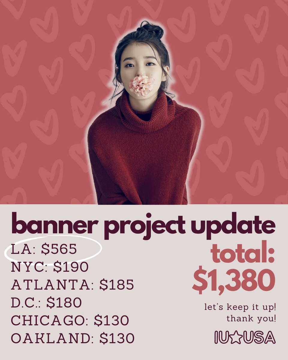 IUxUSA's tweet photo. Update on our concert banner project by location: LA is still in the lead! Make sure to fill out the form so your donations are counted towards your city!

Please donate or share this post! Learn more here: https://t.co/K2xapl1qZU

#아이유 #IU #uaena #HER_WORLD_TOUR_IN_USA #kpop https://t.co/ysW4alo8Uc