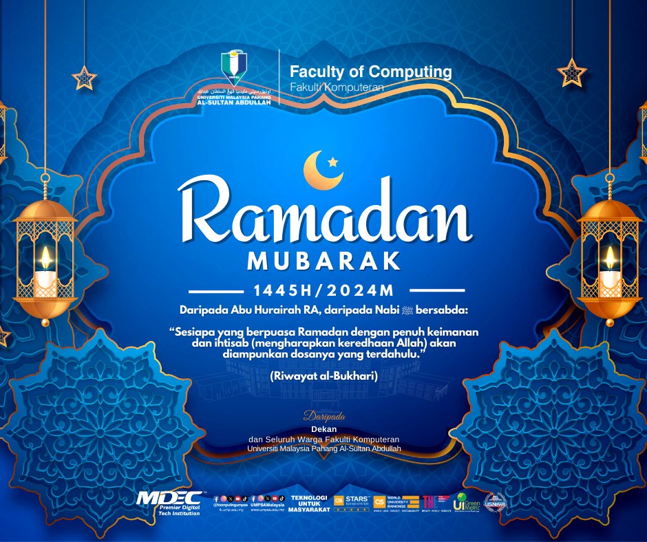 #FKSharing #UMPSAsharing
Selamat menyambut kedatangan bulan Ramadan al-Mubarak dan selamat menjalani ibadah puasa kepada semua umat Islam di seluruh dunia.
#FakultiKomputeranUMPSA
#TeknologiUntukMasyarakat
#umpkiniumpsa
#MYPremierDigitalTech
