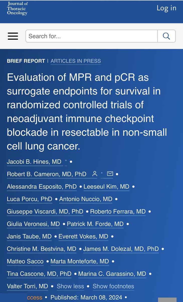 Out now in @JTOonline excellent work from Drs. @ValterTorri Hines, Cameron & @marinagarassino over 2500 pts in neoadjuvant & perioperative trials to date, pCR appears predictive of EFS, early days for OS. #lcsm jto.org/article/S1556-…