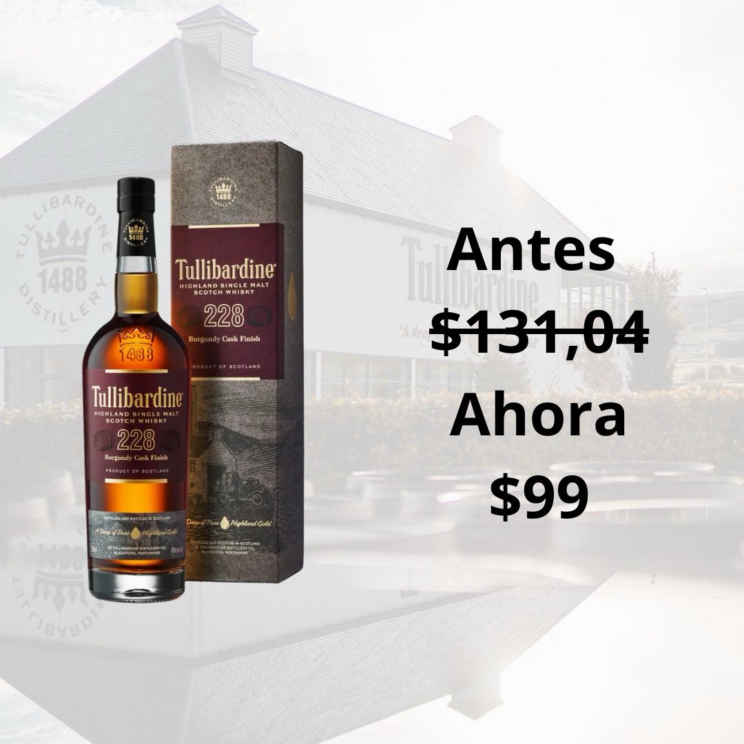 Guayaquiltasti2's tweet photo. Tullibardine 228 Burgundy finish es el producto de una mezcla no repetida de whiskies de Escocia, con un envejecimiento aproximado de 12 meses en barriles de 228 litros, de ahí su nombre. 

*Promo Especial:*
Precio final: $99 https://t.co/nxNO6L7lXg