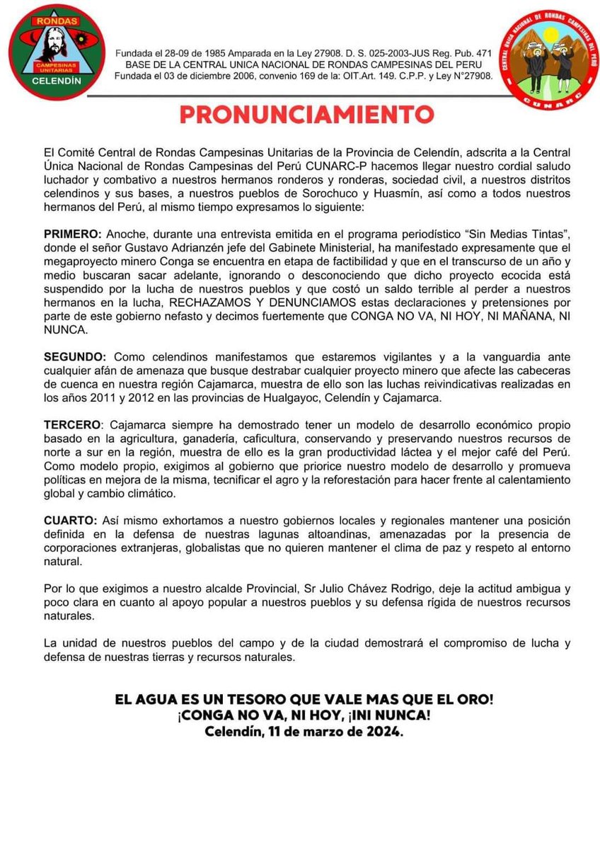 pavese's tweet photo. Rotundo pronunciamiento de las rondas campesinas de Celendín, Huasmín y Sorochuco frente a las declaraciones de @pcmperu Gustavo Adrianzén sobre el proyecto minero Conga. 
#CongaNoVa https://t.co/A30cn3UtiL