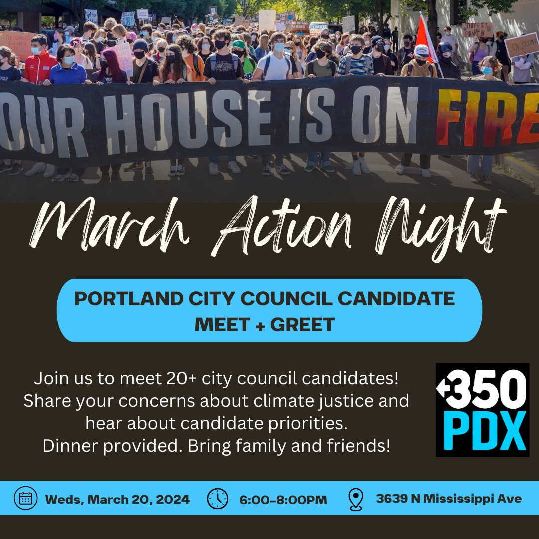 Join us 3/20 from 6-8pm @ 3639 N Mississippi Ave for a Meet & Greet with Portland City Council candidates! We want to show candidates the strength of the climate justice vote - so please join, and invite friends! RSVP @ bit.ly/2024actionnigh… Photo in graphic by Jonathan Maus