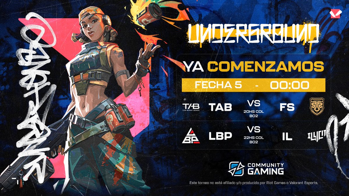 🏆#VALORANTunderground LAN🏆

🔴 STREAM ON🔴

FECHA 5 con PARTIDAZOS! Nos vamos directo a la transmisión de hoy con 2 Bo2 increibles!

<a href="/TAB_Anomaly/">Team Anomaly Breaker 🇲🇽</a> 🆚<a href="/fusionfsgg/">FUSION</a> 
<a href="/Lbp_gang/">LBP</a> 🆚<a href="/IllicitG_/">ILLICIT Gaming</a> 
  
🎙️@NotSagittariuss 
🎙️<a href="/chocodr1lo/">Chocodrilo</a>  
🎙️<a href="/ConorMcDiego/">ConorMcDiego</a>  
🎙️<a href="/Acapulpo_TV/">Mau_Trani</a>