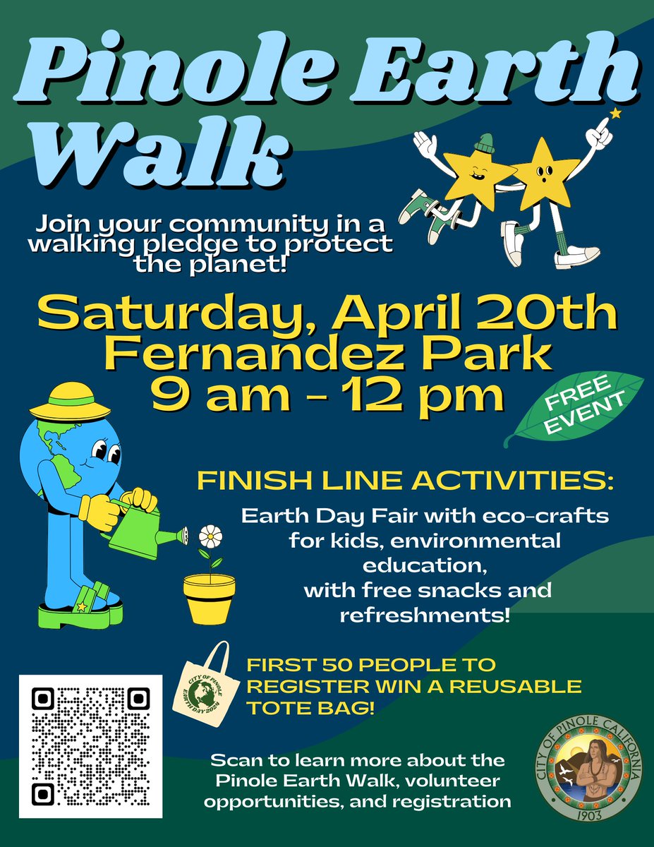CityofPinole's tweet photo. 🌎 Join your neighbors and the City of Pinole in a walking pledge to protect the planet! 

The first 50 people to register will win a reusable tote bag! 🌳 Register today: https://t.co/L8Aof56GCk
#earthday2024 #community #environment #eastbay #pinoleca #cityofpinole https://t.co/Xg2rHjbgxN