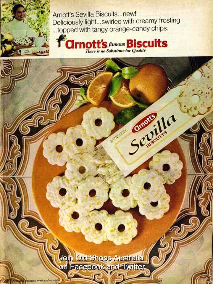 oldshopsoz's tweet image. Arnotts Sevilla Biscuits 1973.
They took these away and gave you 50 kinds of boring Tim Tams instead.