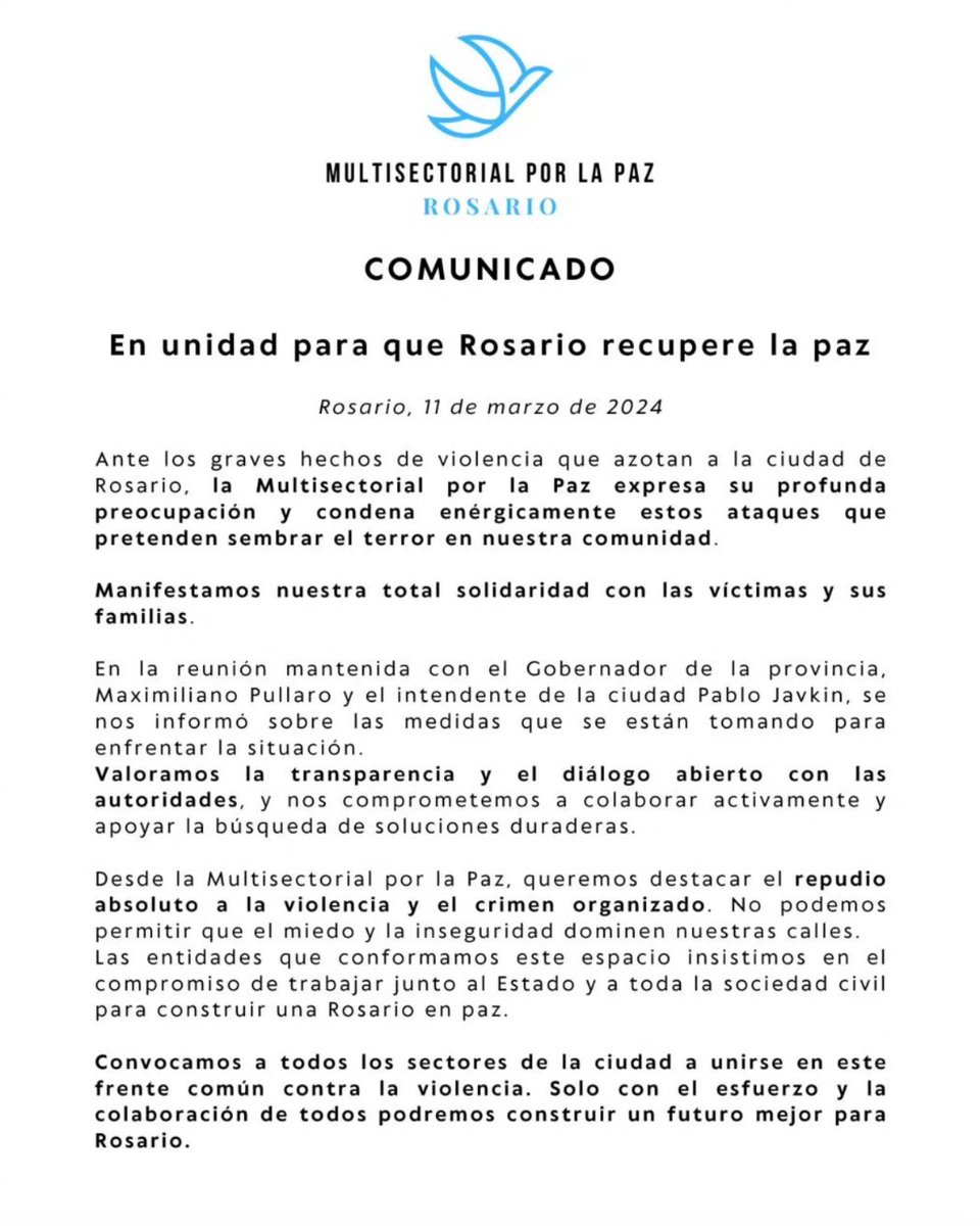 fisfeindustria's tweet photo. Comunicado de la Multisectorial por la Paz.
Repudiamos la violencia y el crimen organizado. Nos solidarizamos con las víctimas y sus familias.
En unidad para que Rosario recupere la paz.
#FISFE #Rosario https://t.co/Qb8CyCzcRn