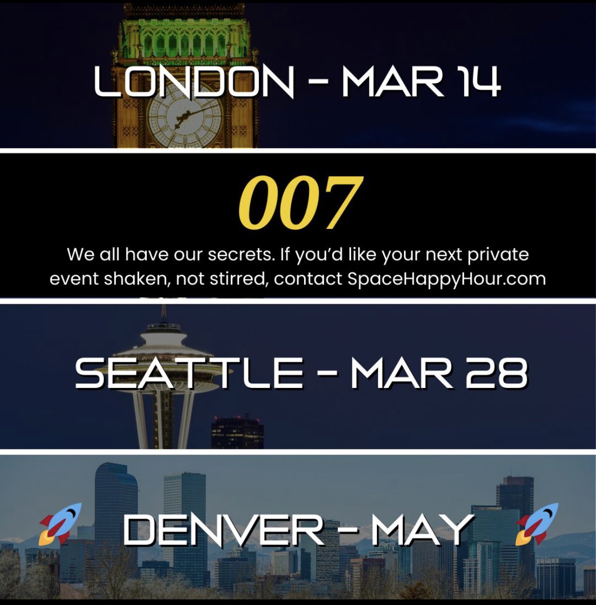 Spring is heating-up with Space Happy Hours around the world! Denver is set to launch May 23 (event details and registration opens April 15). More events are on the way, subscribe at SpaceHappyHour.com to be the first to know!

#space #spaceindustry
