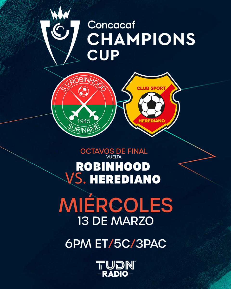 La #ChampionsCup se pone ON FIRE este miércoles 🔥🔥

🇧🇲<a href="/svrobinhoodsr/">SV Robinhood</a> 🆚 <a href="/csherediano1921/">Club Sport Herediano</a> 🇨🇷

¡De Costa a Costa!📻🇺🇸
🎙️tudn.radio