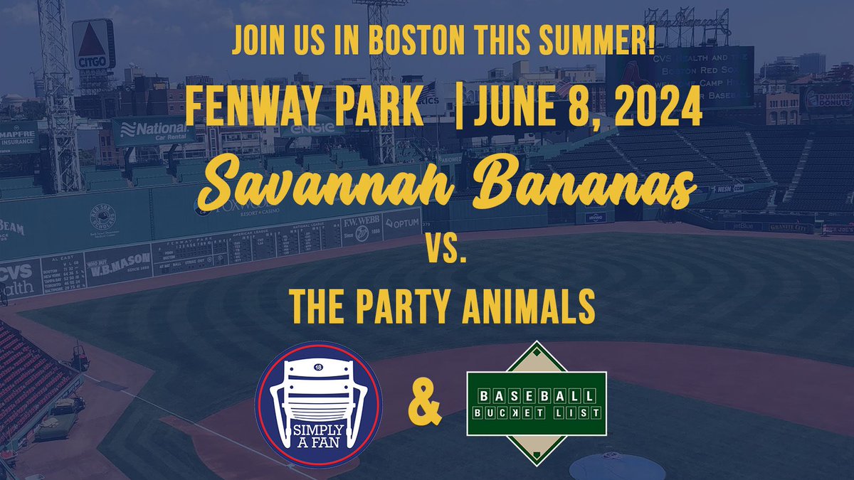 We had so much fun in Houston, how about an encore? Join Simply A Fan & @BaseballBucket at Fenway Park on Saturday, June 8th to see the Savannah Bananas and the Greatest Show in Sports! Sign up below to be notified when packages become available: 🔗➡️ forms.gle/dVn4J976ZDfZzB…