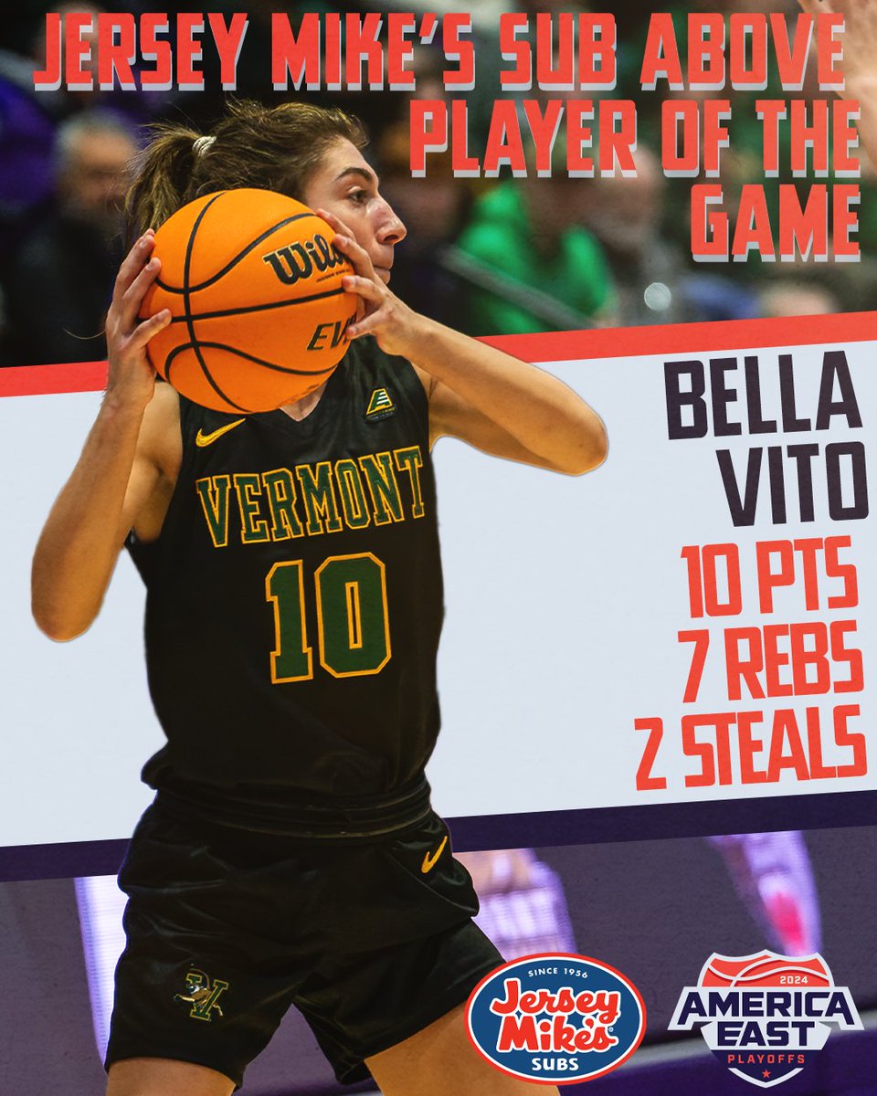 AmericaEast's tweet photo. Bella Vito put up 10 points and grabbed a team-high seven rebounds for @UVMwbb to earn @jerseymikes Sub Above Player of the Game honors! https://t.co/GUQzzqMfMT