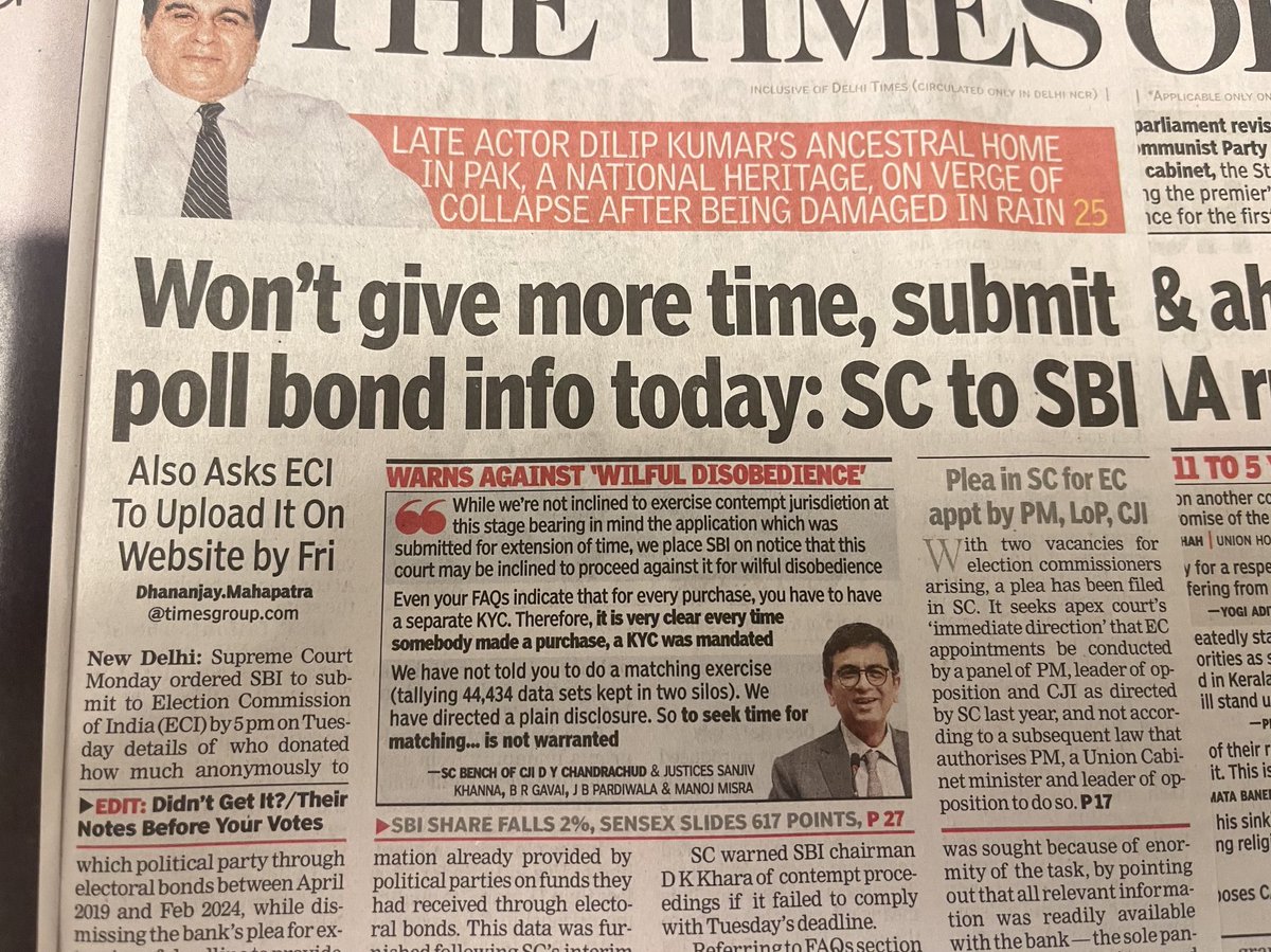 आज लग रहा है कि #सुप्रीम_कोर्ट का इक़बाल है, और #RuleofLaw व क़ानून ज़िंदा है।जस्टिस #चंद्रचूड़ ने जो सख़्त निर्णय लिया है,उससे #लोकतंत्र और चुनावी खर्च में पारदर्शिता व चुनावी प्रणाली में हिस्सा ले रहे दलों के लिए बराबरी का आधार बनाने में मददगार साबित होना चाहिए।#DrBRAmbedkar ⁦