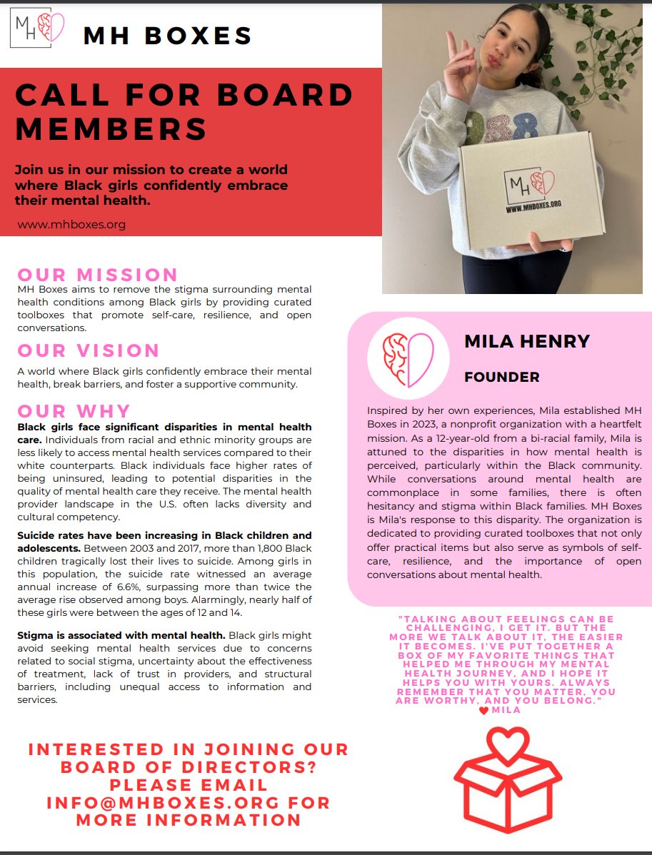 MH Boxes aims to ⬇️ stigma surrounding #MentalHealth conditions among Black girls, helping them embrace their mental health, break barriers, and foster a supportive community. mhboxes.org

MH Boxes is looking for Board members! Reach out to info@mhboxes.org for more.