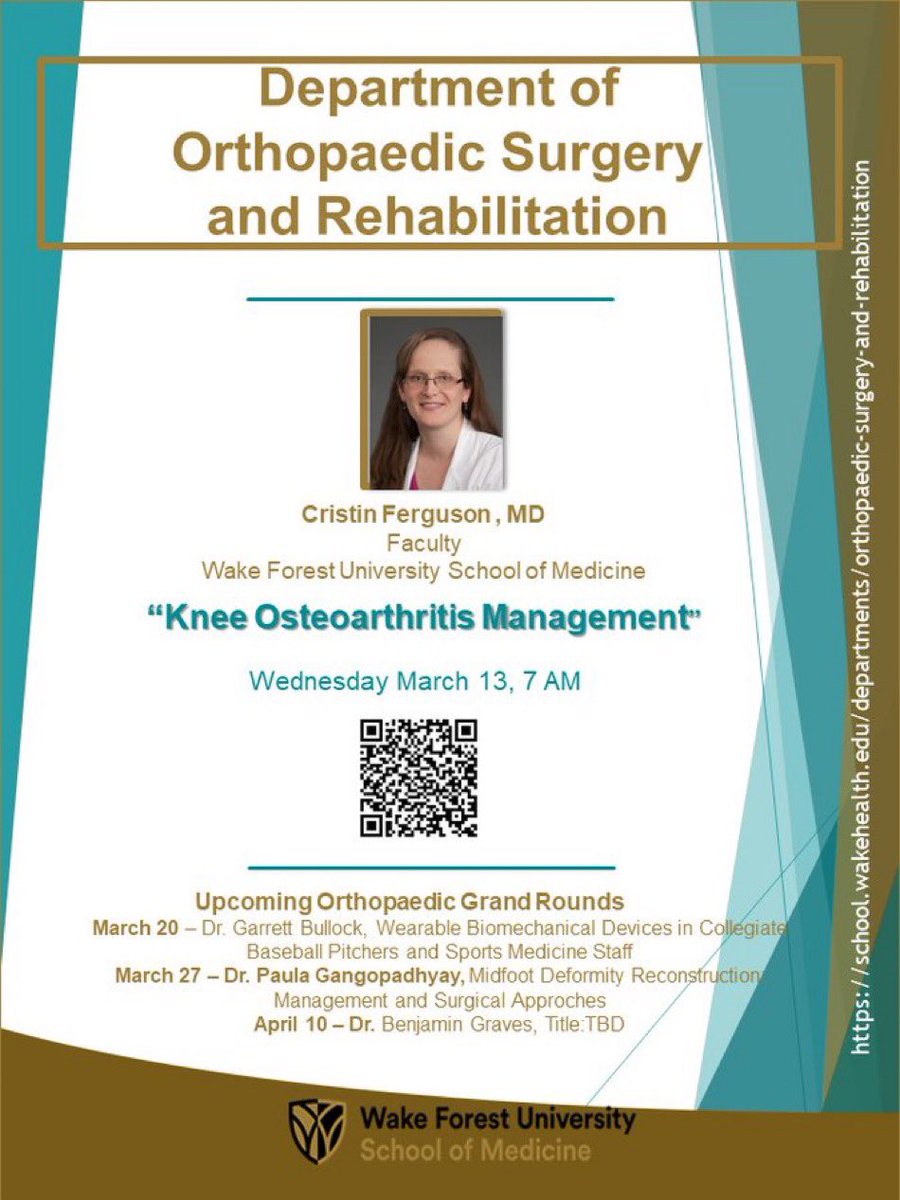 WakeForestOrtho's tweet photo. join us Wednesday for Grand Rounds with the incredible Dr. Cristin Ferguson. Dr. Ferguson is full time at our new Kernersville location as an operative orthopaedic surgeon with a CAQ in Sports Medicine. She was our very first female Orthopaedic Surgeon to reach the rank of Professor at @wakeforestmed & a true trailblazer. her osteoarthritis techniques are legendary & her patient experience always top decile 🎩🦴🎩 @AtriumHealthWFB @AtriumMSKI #WomenHistoryMonth