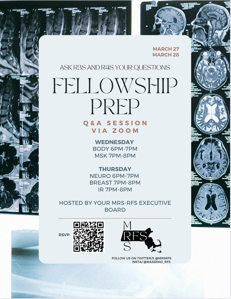 MRSRFS's tweet photo. 🚨🔈Calling all #radres in Massachusetts! Unsure about fellowship choice? Overwhelmed with apps and looking for guidance? We are hosting a Fellowship Prep series where R3s and R4s will be answering questions on the process on March 27th and 28th. Scan the QR code to sign up! https://t.co/MPfkYDVzNe