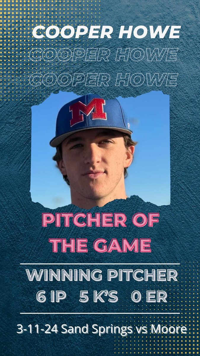 Cooper Howe is Pitcher of the Game! Cooper shows a Commanding performance over Sand Springs.