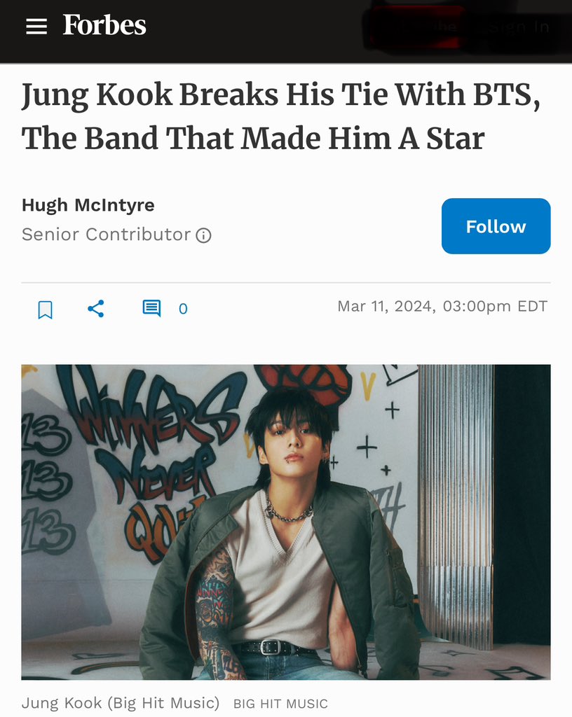 Daily_JKUpdate's tweet photo. FORBES : “JUNGKOOK became a Global Superstar and became a CHART-TOPPER in his OWN RIGHT”

With his solo career still going strong, even as he’s on a hiatus to enlist in his country’s military, he breaks out of a tie with BTS with one of his own smashes.

On this week’s Adult Pop Airplay chart, Jung Kook holds on and makes history with “Too Much” surpassing “
“Butter” as the fourth-longest-charting hit of all time on the ranking of the top-performing tunes on adult pop radio stations across the country by any South Korean musician.

https://t.co/G8Az6ayP8o