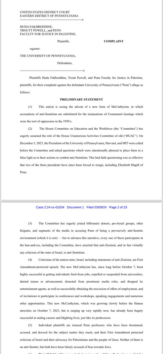 Today, Penn Faculty for Justice in Palestine, Huda Fakhreddine and Eve Troutt Powell have filed a motion to stop Penn from handing in documents to the Committee on Education and the Workforce. This is the new McCarthyism. The witchhunt has to stop.