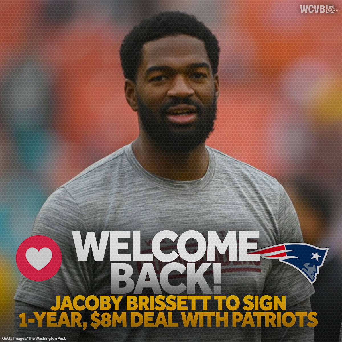 WCVB's tweet photo. Coming back!  The #Patriots are welcoming back Jacoby Brissett -- a quarterback they drafted back in 2016 -- and who was with the team when they beat the Falcons in the Super Bowl.  How do you feel about this move #PatsNation?  https://t.co/xllkdn8ePC https://t.co/k7Ex0ptC3C