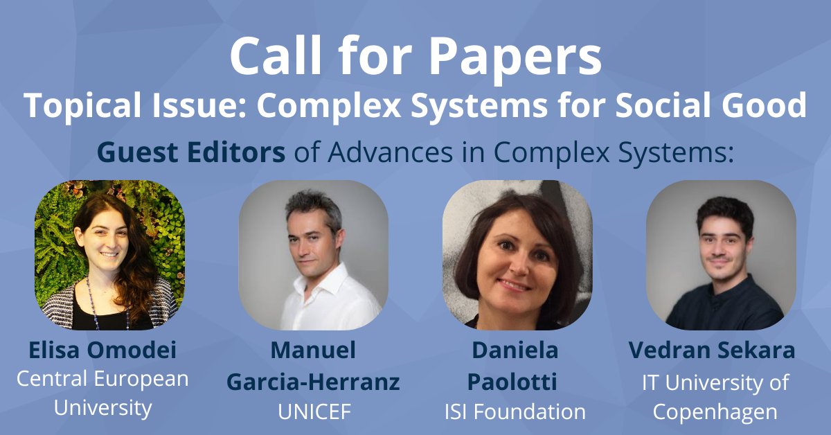 The deadline for this topical issue is approaching. Submit by April 30, 2024 to be a part of the timely curation on complex systems for social good!

Learn more at: worldscientific.com/page/acs/callf…

<a href="/elisa_omodei/">Elisa Omodei</a> <a href="/danielapaolotti/">Daniela Paolotti</a> <a href="/vedransekara/">vedran sekara</a> <a href="/ranzHer/">Manuel Herranz</a> <a href="/MartonKarsai/">Marton Karsai</a>