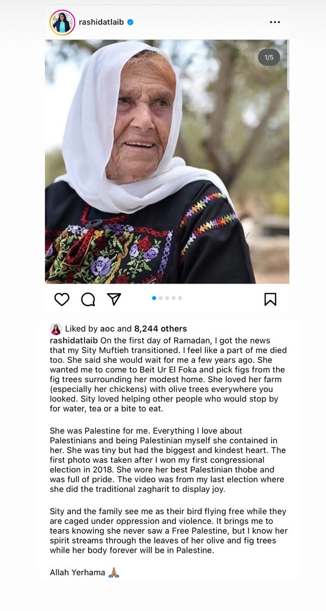 jacobkornbluh's tweet photo. Rep. Rashida Tlaib announces the death of her grandmother Muftia who lived in the Palestinian village of Beit Ur Al-Fauqa west of Ramallah.  

Tlaib wanted to visit her in 2019 but cancelled after Israel barred her and Ilhan Omar from entering the country. https://t.co/9Agi7G0Xb7