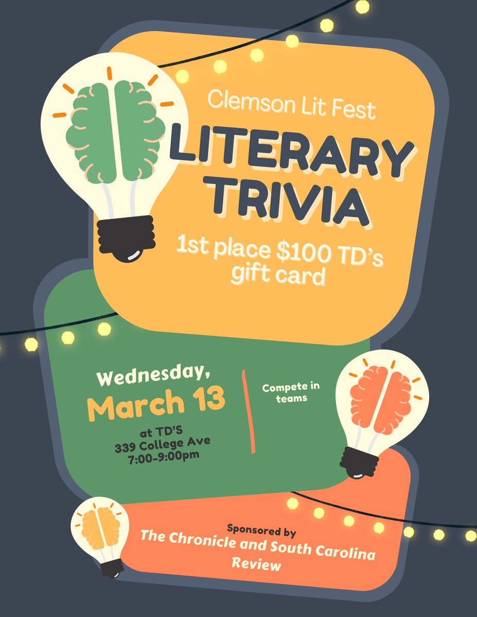 Who’s ready for some literary trivia at TD’s in downtown Clemson for lit fest? 👀 See y’all there!