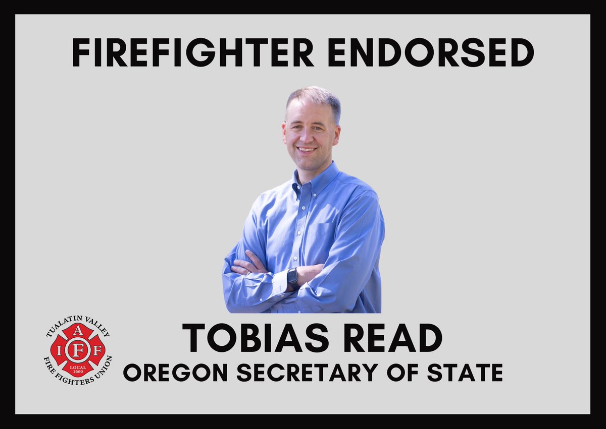 Tualatin Valley Firefighters (@iaff1660) on Twitter photo Endorsement Alert - The Tualatin Valley Firefighters are proud to endorse <a href="/TobiasRead/">Tobias Read</a> for Oregon Secretary of State. Tobias has long been a supporter of firefighters during his time in the legislature and as Oregon’s Treasurer. #orpol #iaff #tvfirefighters <a href="/ORfirefighters/">Oregon Fire Fighters</a> Endorsement Alert - The Tualatin Valley Firefighters are proud to endorse <a href="/TobiasRead/">Tobias Read</a> for Oregon Secretary of State. Tobias has long been a supporter of firefighters during his time in the legislature and as Oregon’s Treasurer. #orpol #iaff #tvfirefighters <a href="/ORfirefighters/">Oregon Fire Fighters</a>