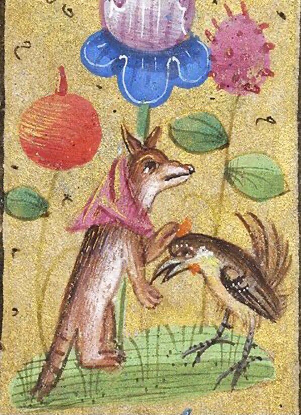 fox patting a bird on the head, france, 15th century