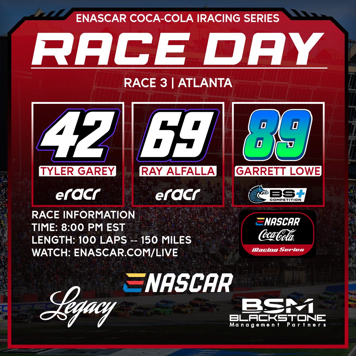 Race 3 in Atlanta tonight for the eNASCAR Coke Series. 8 PM EST on enascar.com/live @BScompetition | @eRacr_gg | @iRacing | @bsm_partners