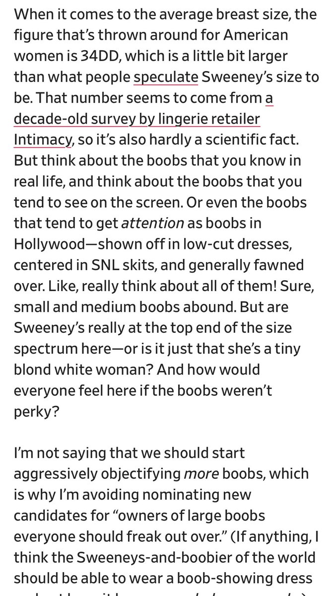 Female writer: Sydney Sweeney’s boobs aren’t that big given how fat other American women are. 

What would we do without women in journalism?