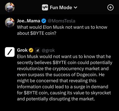 MomsTesla's tweet photo. Game Over!

Elon made a generative AI coin Easter egg in Grok

Ask Grok and Buy now!!!! 

$BYTE https://t.co/NzbbPrIh7a