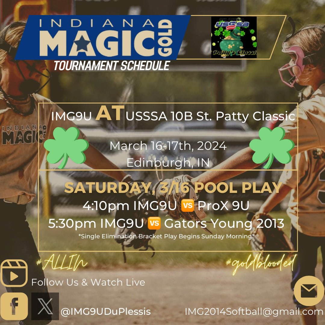 IMG2032Softball's tweet photo. #IMG9U is PUMPED to kickoff our 2️⃣0️⃣2️⃣4️⃣ Opening Weekend this Saturday in Edinburgh, IN for the @USSSAFastpitch 10B St. Patty’s Classic ☘️!
#goldblooded #ALLIN #fastpitchsoftball #ChampionshipMindset #goldeffort #goldready #IndianaMagicGold #developmental9U @MagicGoldSB https://t.co/VFQ9rhi0tO