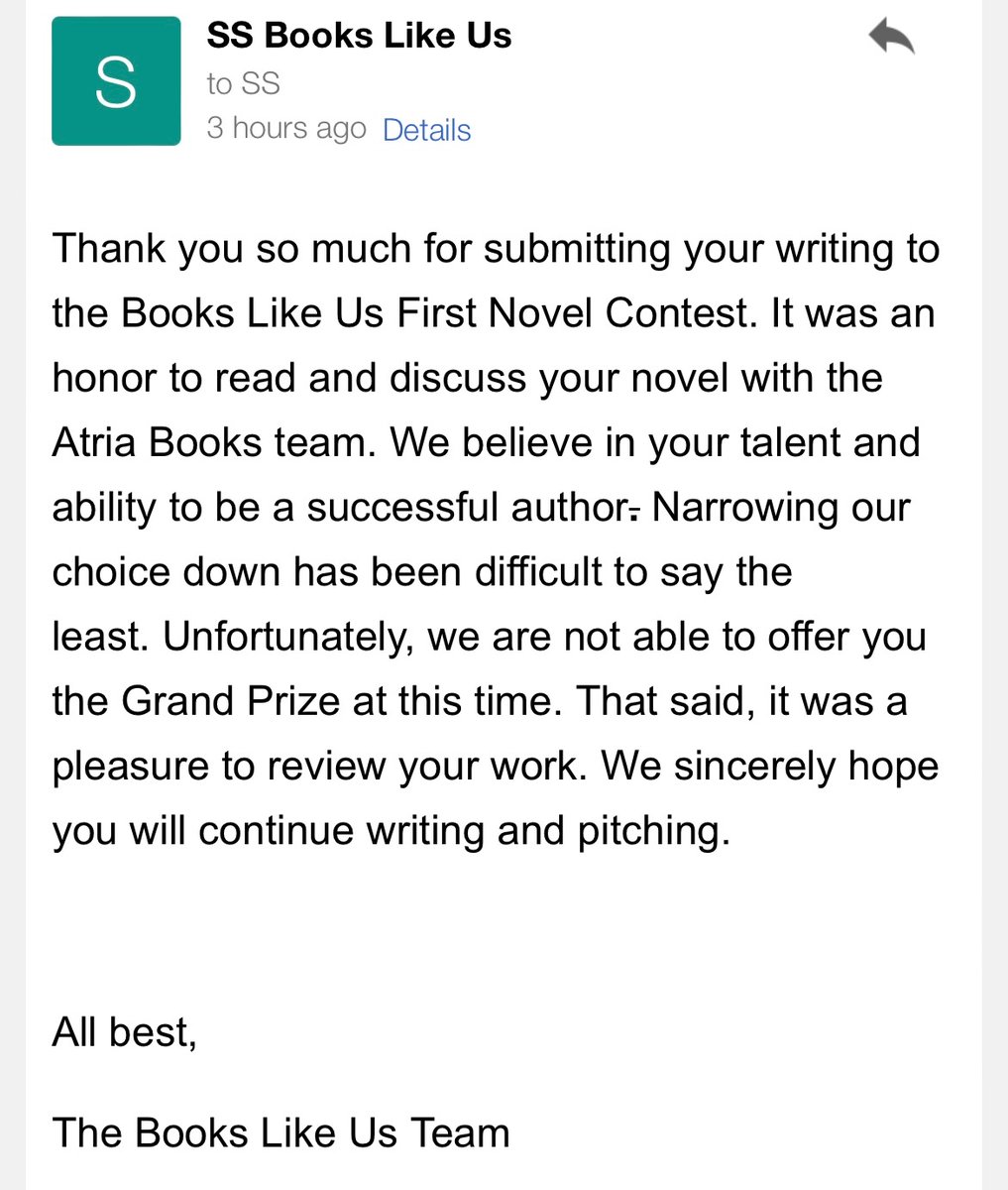 Oh, sadness. I did not win Atria’s “Books Like Us” contest, but was one of 10 semi-finalists. Sometimes it feels like I am so close to writing a sellable book. More often it feels like I am so, so far away