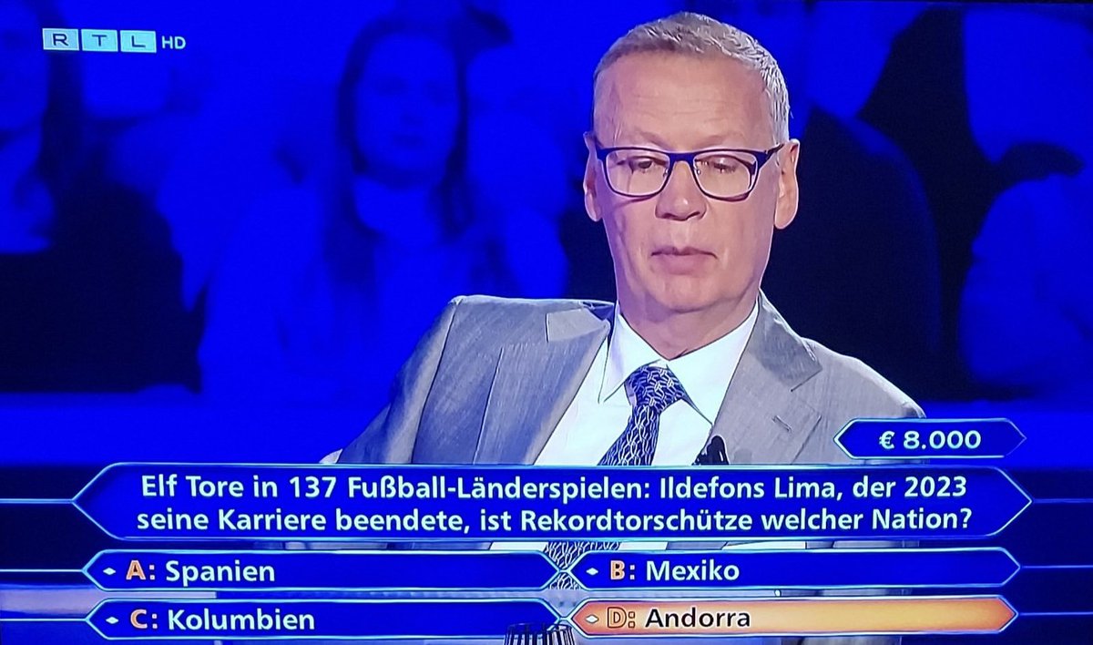 In Germany 🇩🇪, if you want to be a millionaire💰, you must know that a certain Ildefons Lima is from Andorra 😂😂⚽️🇦🇩🙌🏻 #andorra #RTL #whowantstobeamillionaire #fussball