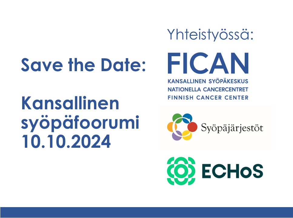 Save the Date: Kansallinen syöpäfoorumi järjestetään hybriditilaisuutena 10.10.24 klo 12.30-16 Helsingissä ja verkossa🎗️fican.fi/save-the-date-… Laita päivä jo nyt kalenteriisi, lisätietoja ja ohjelma julkaistaan kevään aikana! Tilaisuuden järjestävät FICAN & @Syopajarjestot