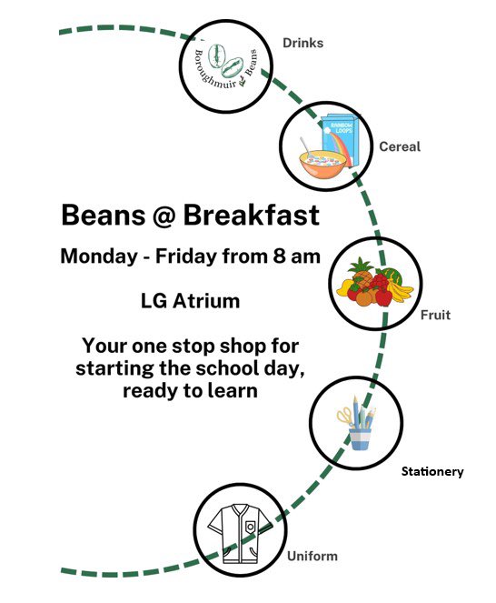 Beans @ Breakfast! Start your day with a smile. Our Breakfast Club is open every day from 8 am for hot drinks, cereal, fruit and croissants. Don’t miss out!
@BoroughmuirHS @BoroughmuirEA @Boroughmuir_PC @BoroughmuirHFTT @BoroughmuirPE @BmuirComputing
