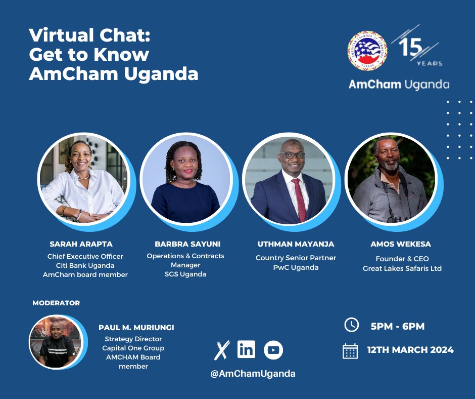 For our last online session, we bring you our members: PwC Uganda, Citi Bank, Great Lakes Safaris and SGS Uganda as they discuss about their membership and AmCham's significance. Find out soon today from 5-6pm (EAT). 
#AmChamUg 
#BusinessforPurpose