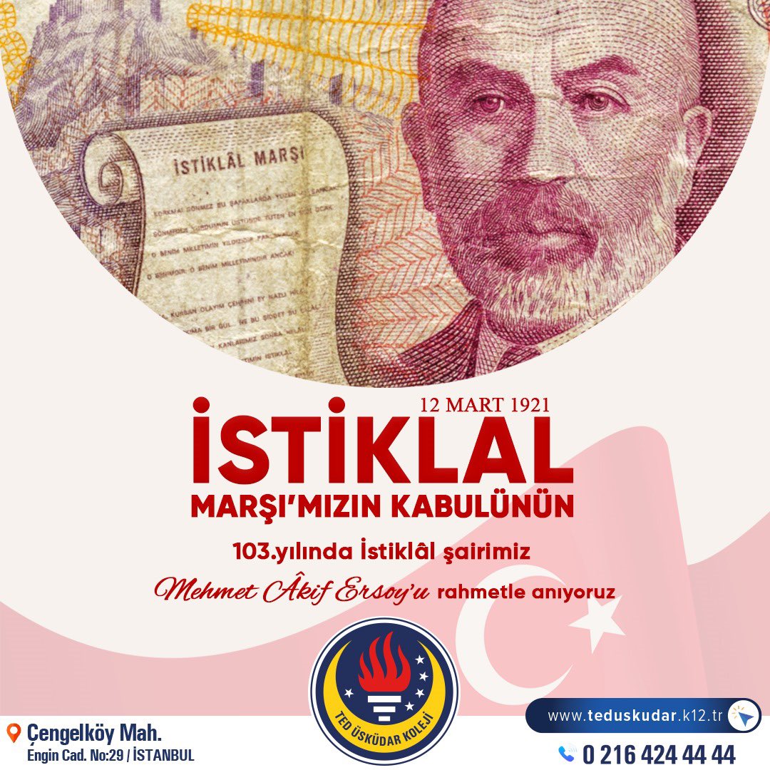 İstiklâl Marşı’nın millî marşımız olarak kabul edilişinin 103. yılında Gazi Mustafa Kemal Atatürk başta olmak üzere vatan şairimiz Mehmet Âkif Ersoy ile Kurtuluş Savaşı kahramanlarımızı rahmet ve minnetle anıyoruz. #TED #TEDüsküdarkoleji #12Mart #istiklalmarşımızınkabulü
