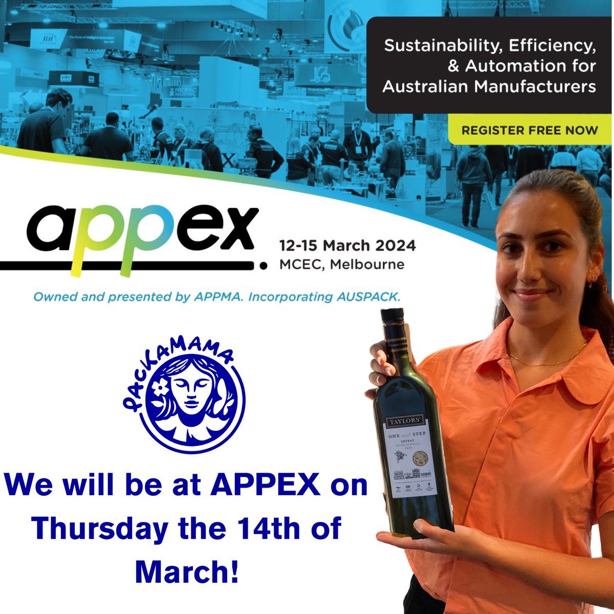 packamama's tweet image. Our Business Development Executive Hannah, will be attending #APPEX 2024 - Australia’s largest Processing and Packaging Expo at the Melbourne Convention and Exhibition Centre this Thursday.

Pop a comment below if you're attending. We'd love to see you there!