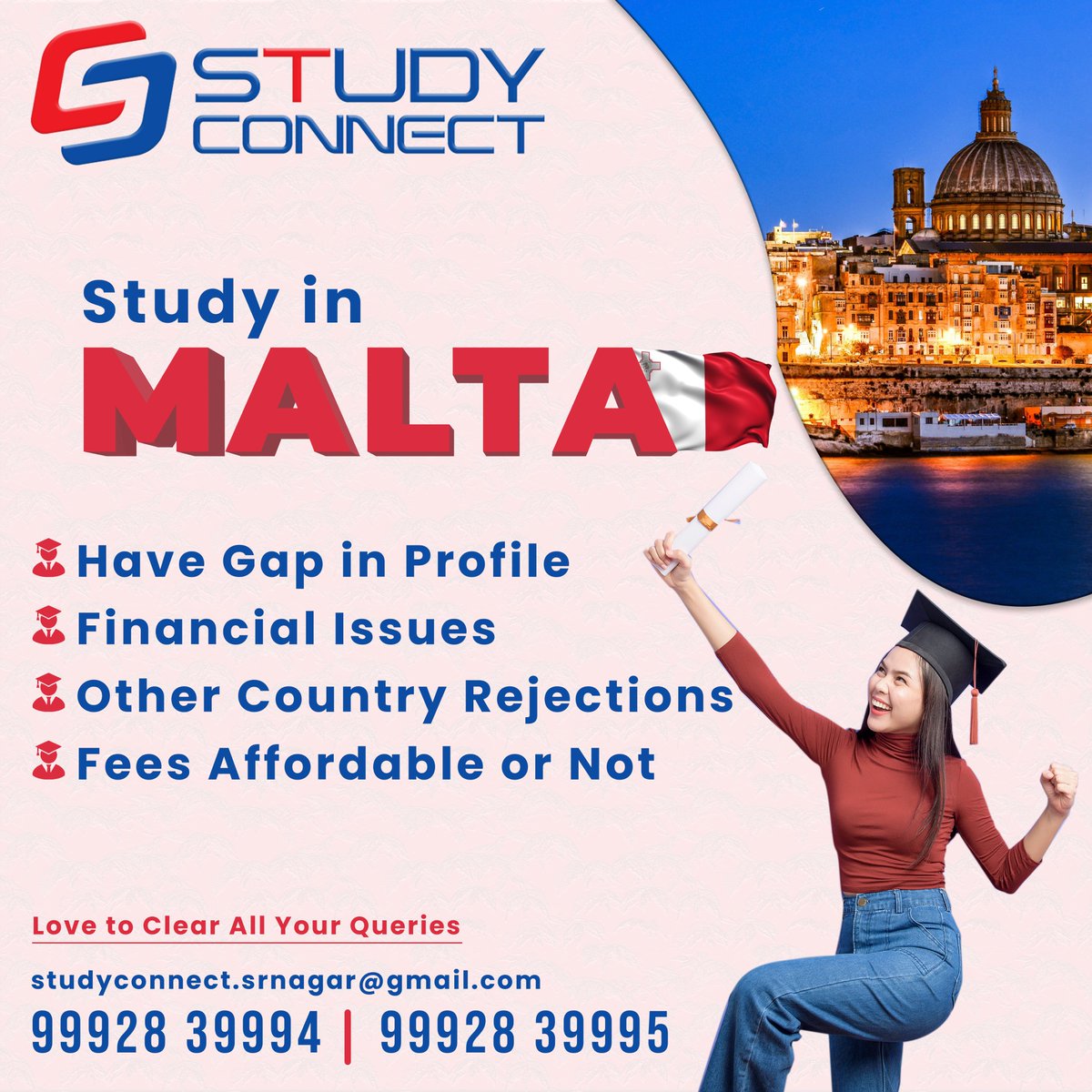 Study Connect Overseas Education Consultancy, Hyderabad SR Nagar, is your guide to a transformative educational experience in picturesque Malta! 🌅📚 #StudyInMalta #GlobalEducation #MaltaAdventures #StudentLifeMalta #LearningInMalta #FYP