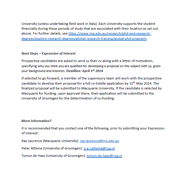 💼The Development of Roads and Transport Infrastructure in the Hinterland of Rome - Funded 3yr PhD opportunity Macquarie (🇦🇺 2yrs) and Groningen (🇳🇱 1 yr). EOI deadline 1st April 2024. Please share (also DM me if you want the word doc I've screenshotted). @raylaurence1