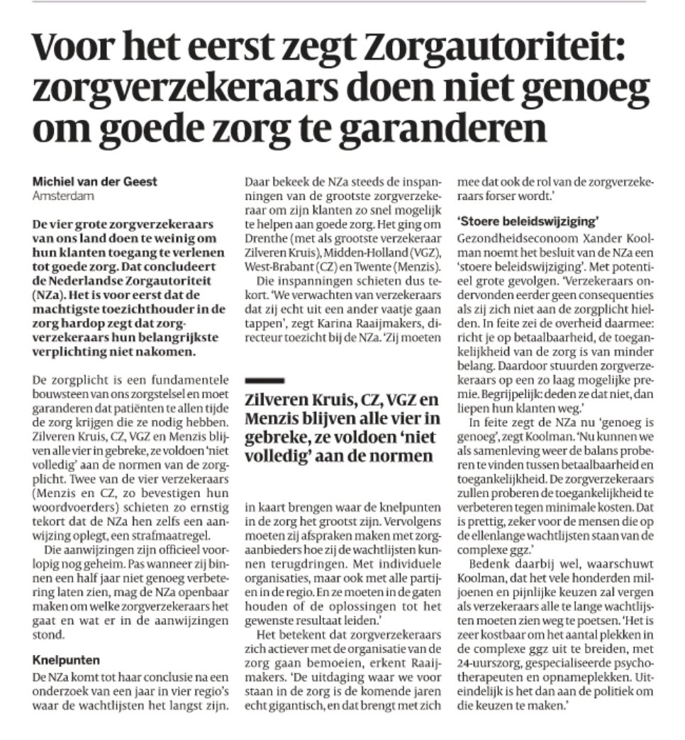 Voordat je als zorgverlener gaar juichen en zegt hèhè, eindelijk pakt @zorgautoriteit haar taak op, wij zeggen dit al jaren: Dit is een zeer onheilspellend bericht. 
"Het betekent dat zvs zich  actiever met de organisatie van zorg gaan bemoeien."