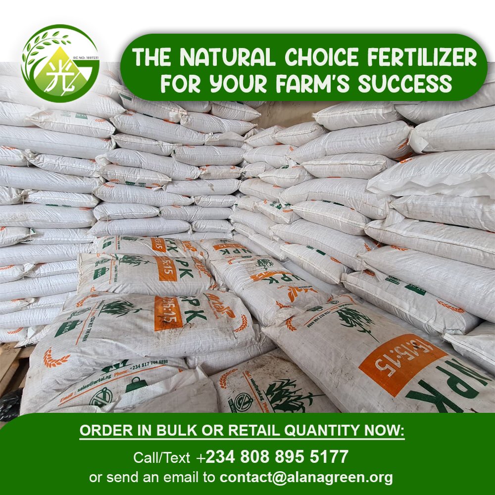 Transform your soil into a rich, fertile haven with our premium NPK fertilizer at a very affordable price. #GrowWithConfidence and yield abundant harvests. 

To place an order or request a quotation, Call / Text us on +234 8088955177 or send an email to contact@alanagreen.org