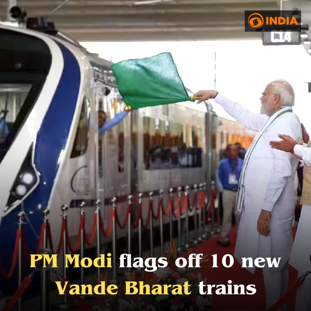 DDIndialive's tweet image. PM @narendramodi on Tuesday flagged off 10 high-speed Vande Bharat trains across the country.

@AshwiniVaishnaw

#vandebharat #pmmodi #highspeedtrain #india #achievements #infrastructure