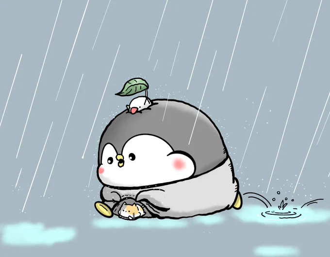 土砂降りを駆け抜けるペンギンのちゃんぺんと猫 